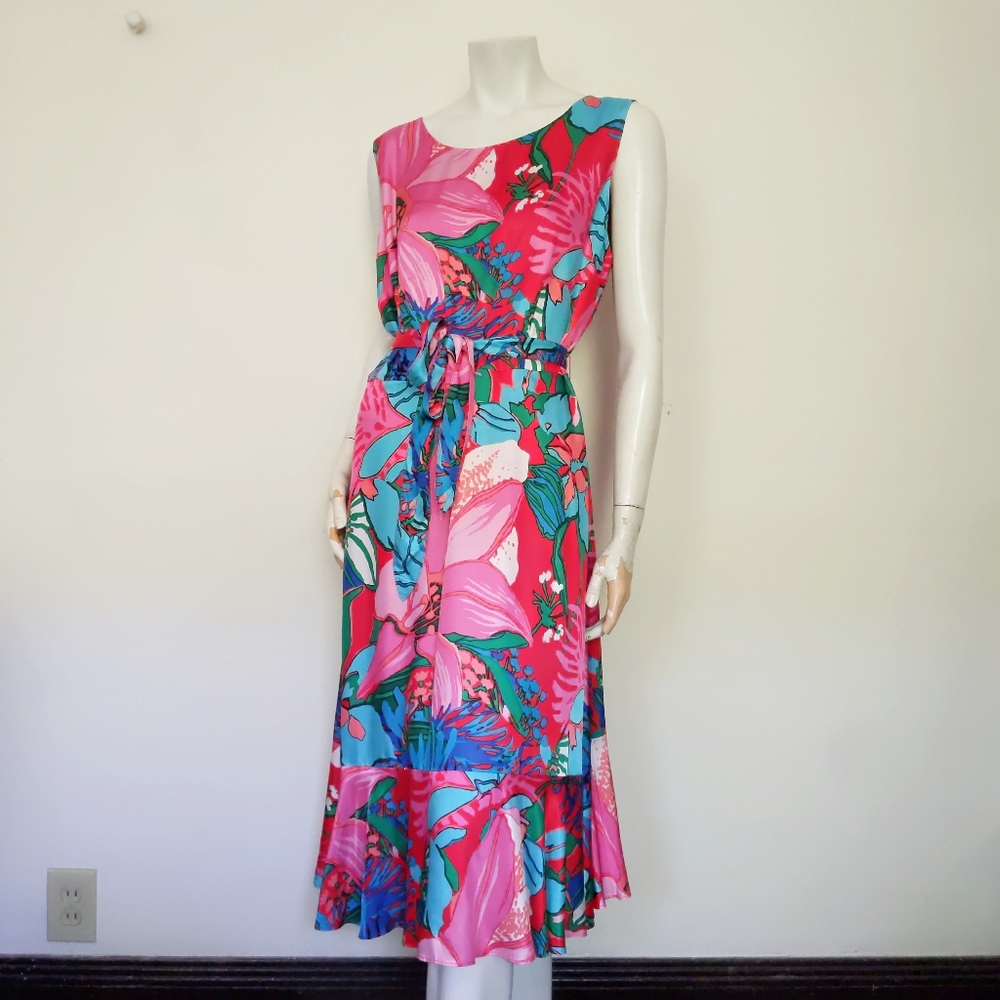 ๐HP๐ Talbots Tropical Floral Fit Flare Pink Dress 14 - Picture 4 of 9